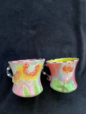 2 Hand Painted Mugs Waterlilies &Daisy on Pink  by Victoria Heisler